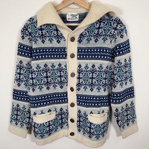 WHITE RAM | VINTAGE KNITTED VIRGIN  WOOL SNOWFLAKES SWEATER CARDIGAN